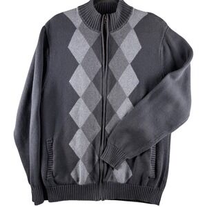 Grayson & Dunn Mens Full Zip Argyle Sweater Steel Blue Cotton Cardigan Large EUC